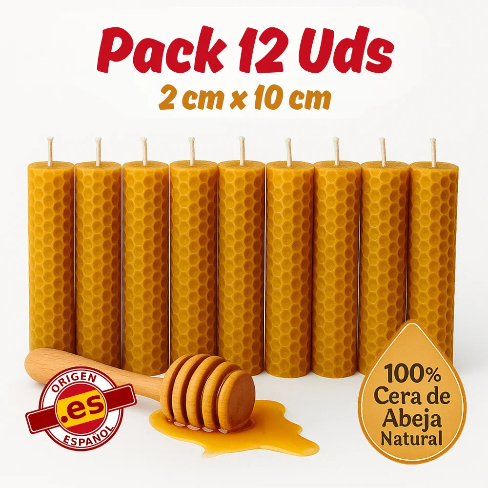 Pack de 12 Velas de Cera de Abeja Natural 100% – Hechas a Mano por Apicultores en España – Ideales para Meditación y Relajación