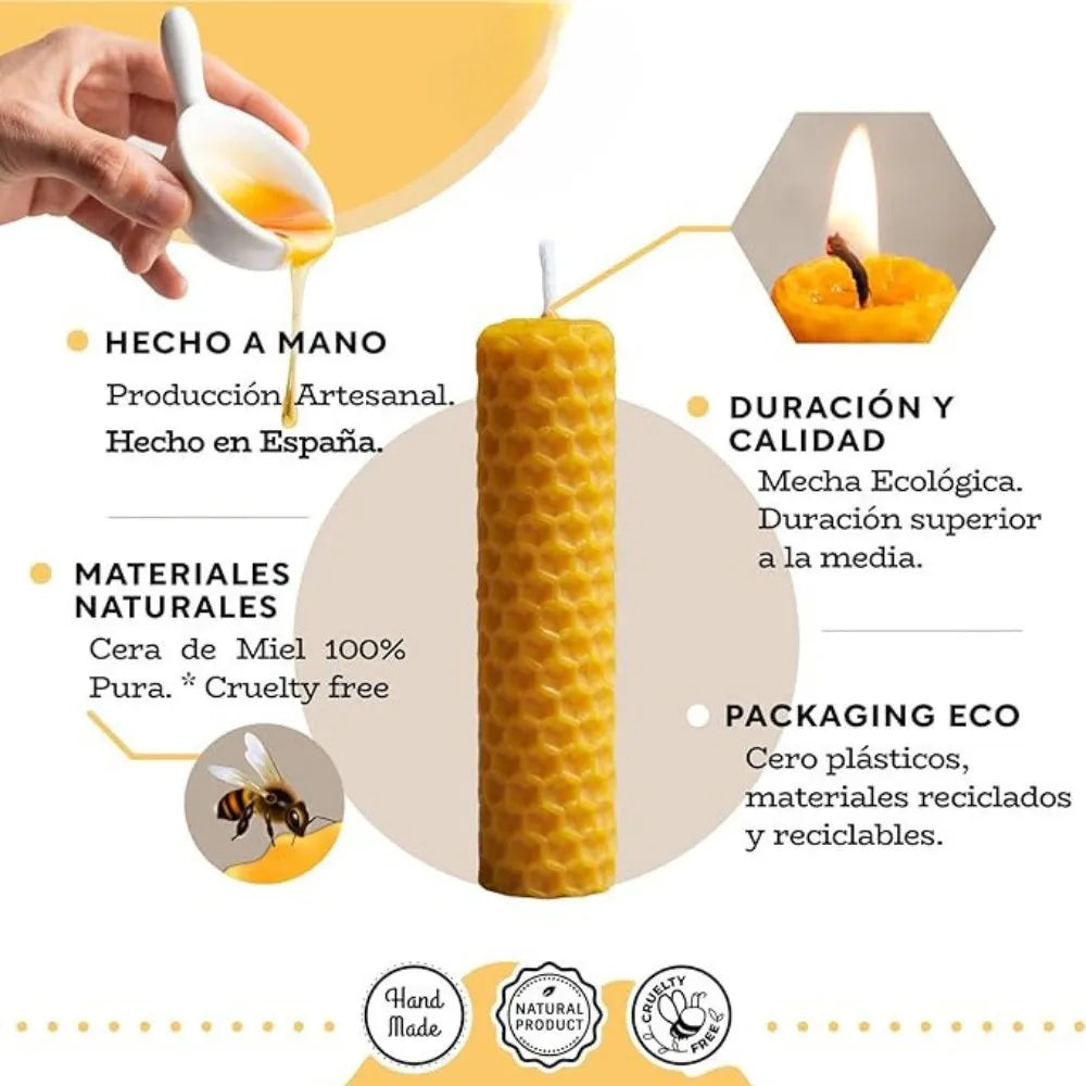 Pack de 12 Velas de Cera de Abeja Natural 100% – Hechas a Mano por Apicultores en España – Ideales para Meditación y Relajación