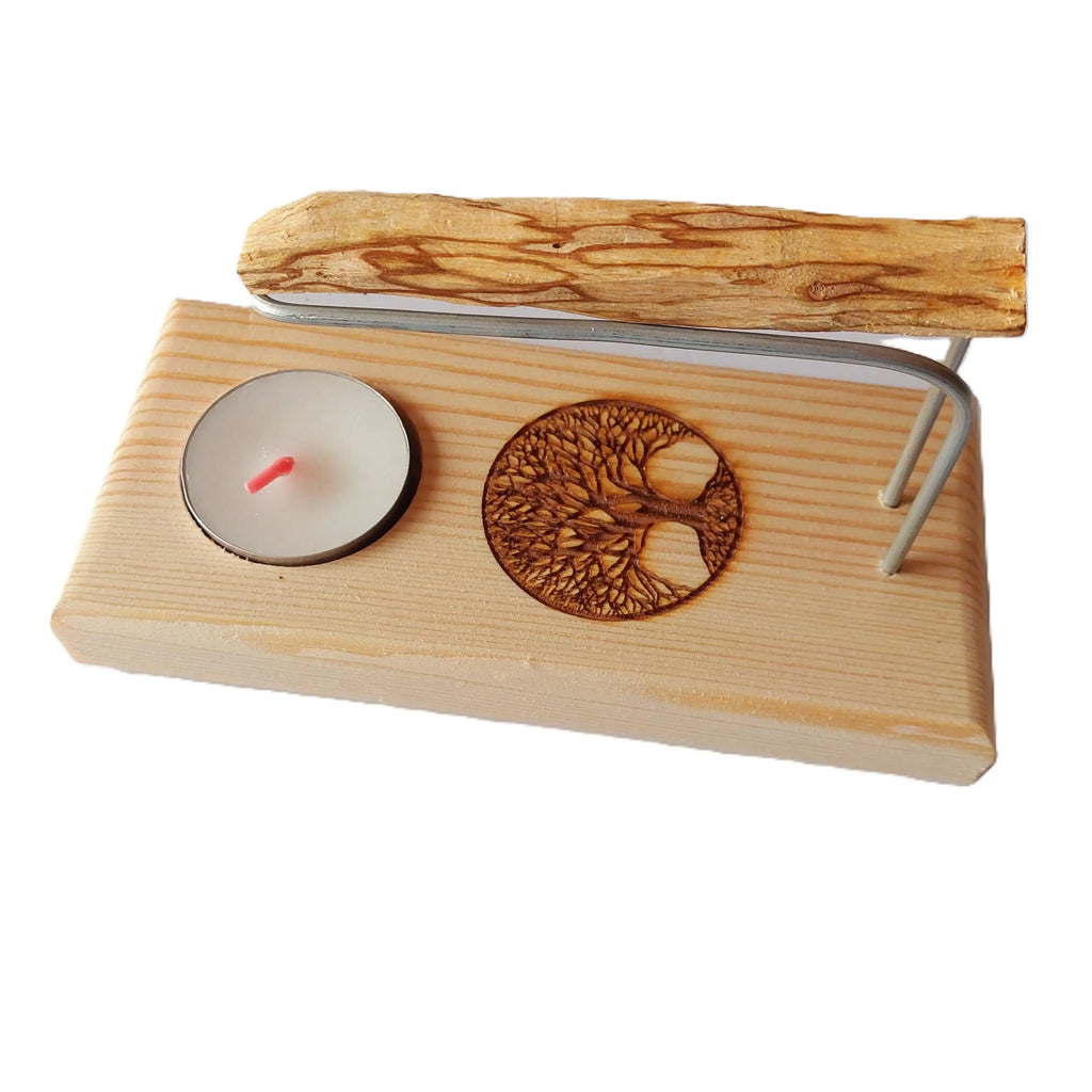 Quemador Artesanal de Madera Natural con Palo Santo y Vela de Té – Diseño Zen para Yoga, Meditación y Purificación de Espacios