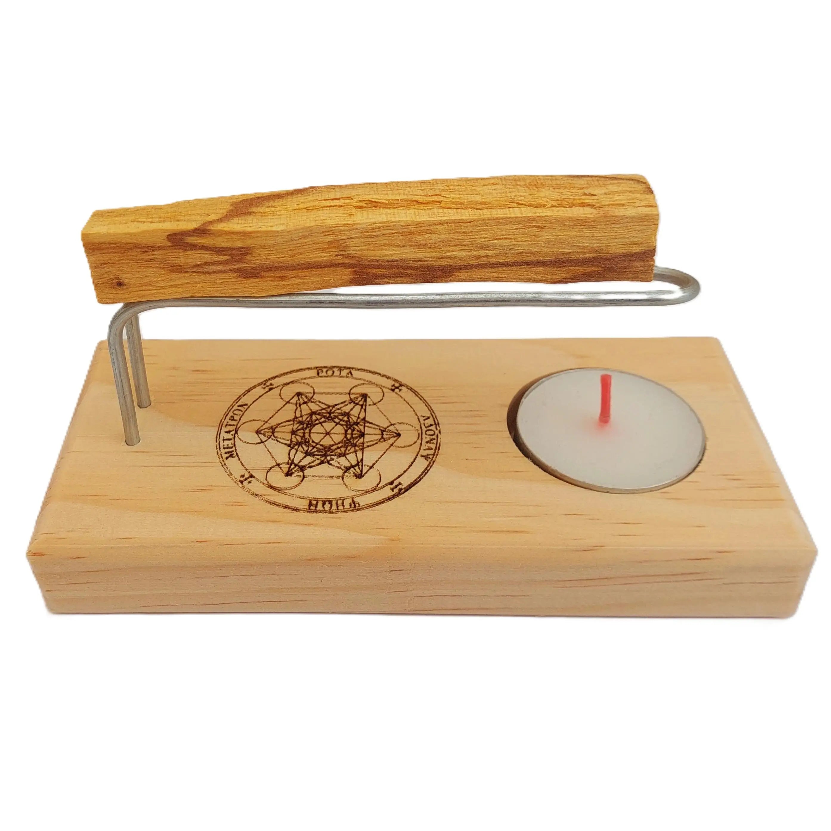 Quemador Artesanal de Palo Santo e Incienso con Base de Madera Natural y Símbolo de Metatrón