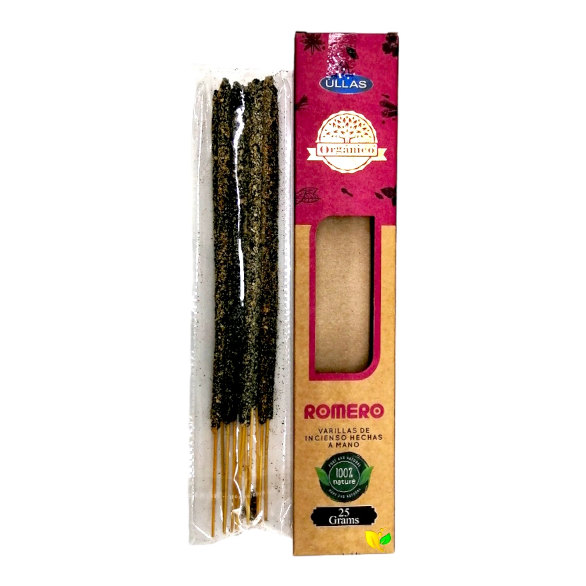 Organic Rosemary Incense Ullas, Handmade with Natural Oils, 25g per box, ethical production, revitalizing aroma, ideal for aromatherapy and home fragrance, 12 boxes included, promoting sustainability and fair labor practices.