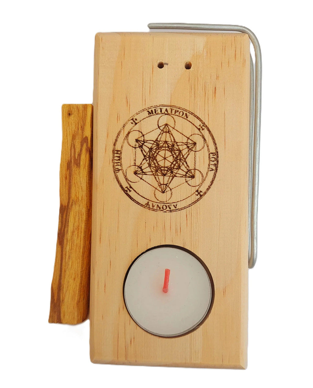 Quemador Artesanal de Palo Santo e Incienso con Base de Madera Natural y Símbolo de Metatrón