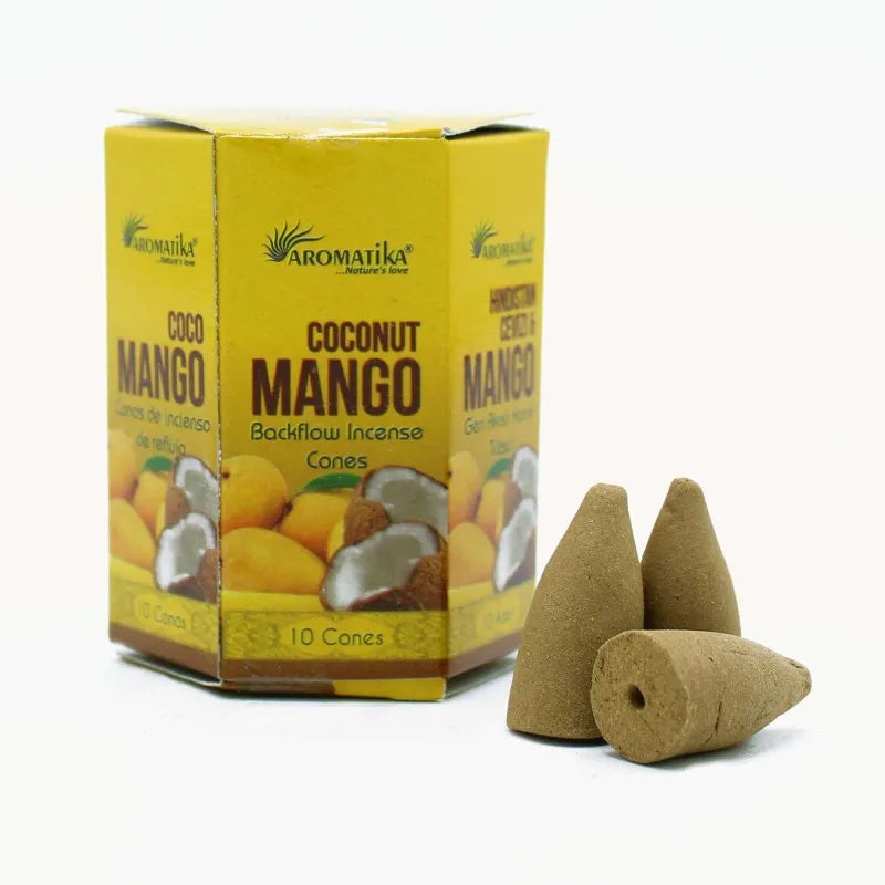 Blackflow Mango and Coconut Incense Cones - 10-pack of natural aromatic cones made in India, featuring a refreshing aroma and reverse flow design for a cleaner burn, ideal for home fragrance and relaxation.
