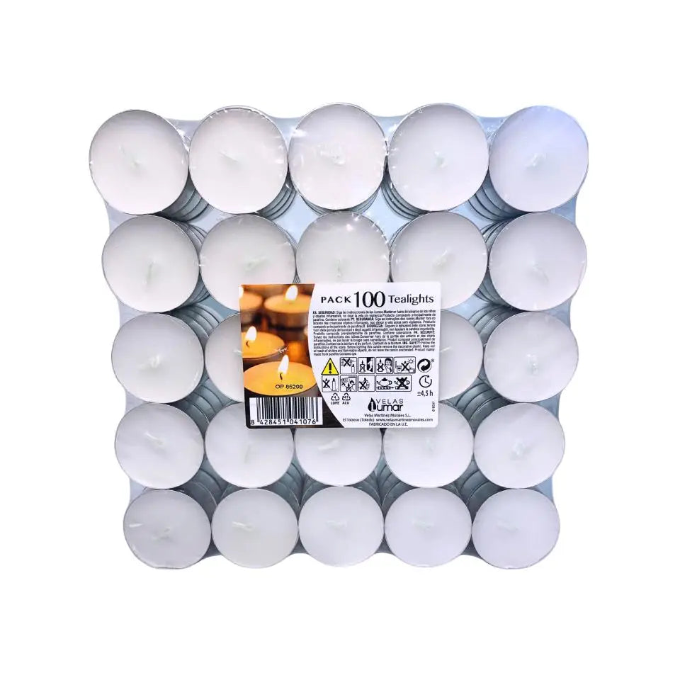 Set de Velas Tealight Blancas Sin Aroma (50 o 100 Unidades) – Decoración para Hogar, Spa y Eventos | Duración 4.5 Horas