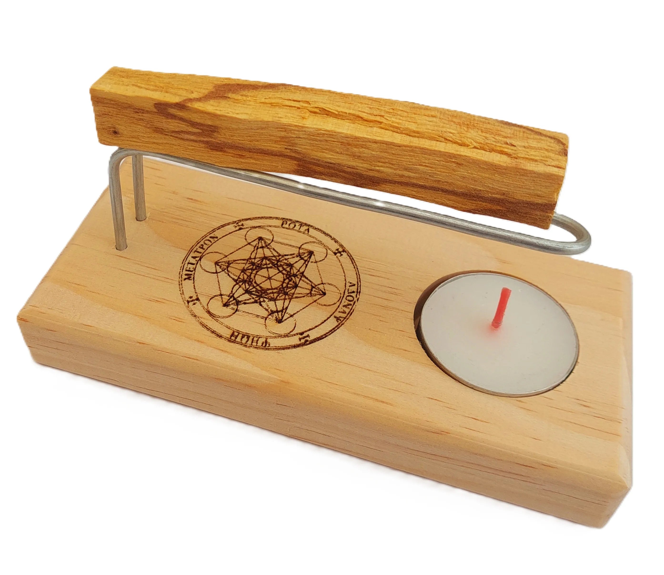 Quemador Artesanal de Palo Santo e Incienso con Base de Madera Natural y Símbolo de Metatrón