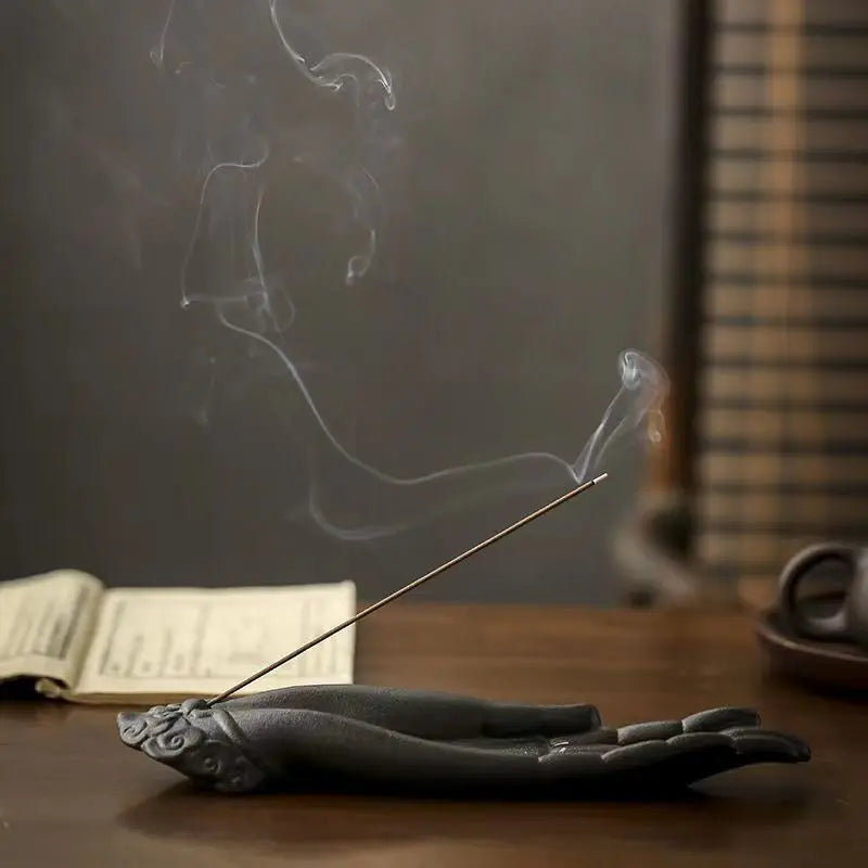 Porta Incienso de Rana en Palma de Resina – Quemador de Incienso para Varillas con Colector de Cenizas – Decoración Zen para Aromaterapia