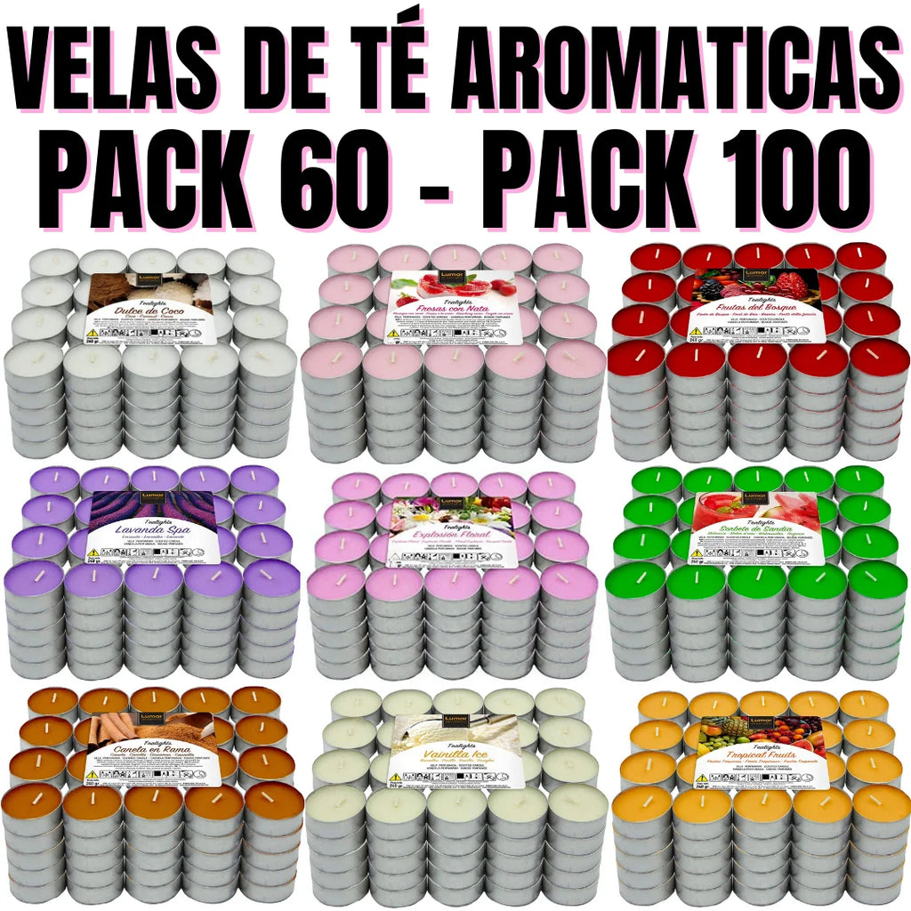 Krown - Pack 60/100 Tealights Scented Candles Lasting Approximately 4.5 Hours, Cheap Aromatic Tea Lights Lowcost, Vanilla, Cinnamon, Coconut, Floral, Strawberry, Tropical Fruit, Red Forest Fruits, Lavender, Watermelon